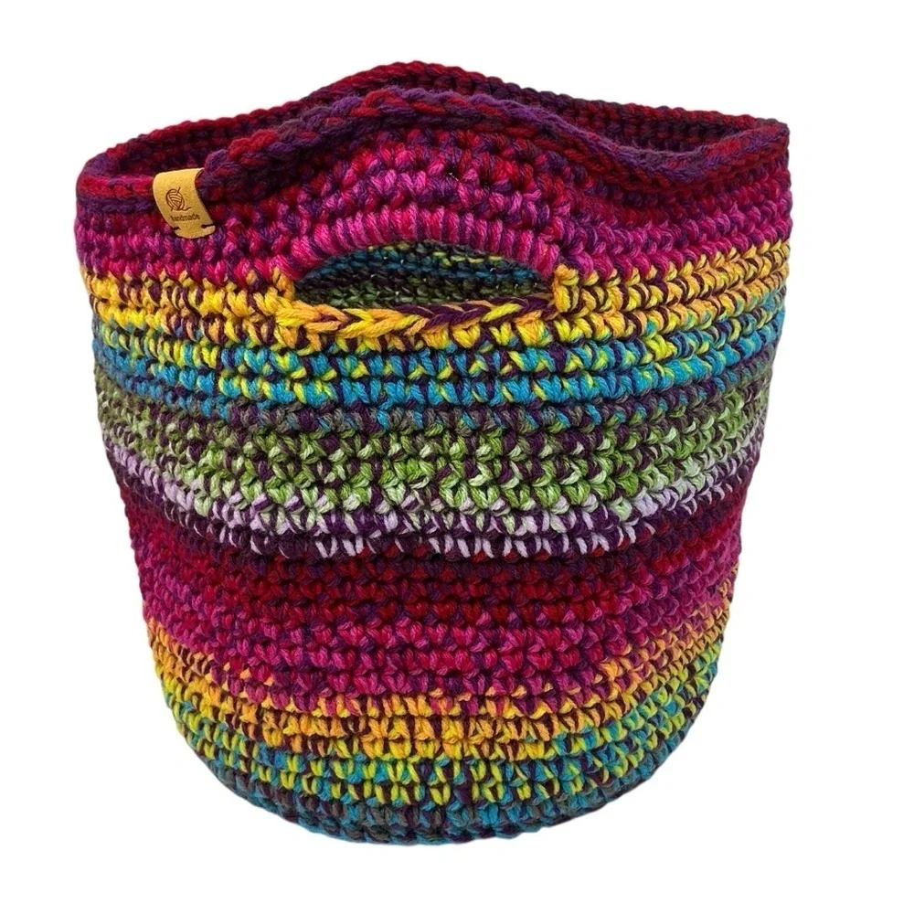 Handcrafted Multicolor Crochet Scrap Woven Tote Bag Basket Storage Handmade Knit